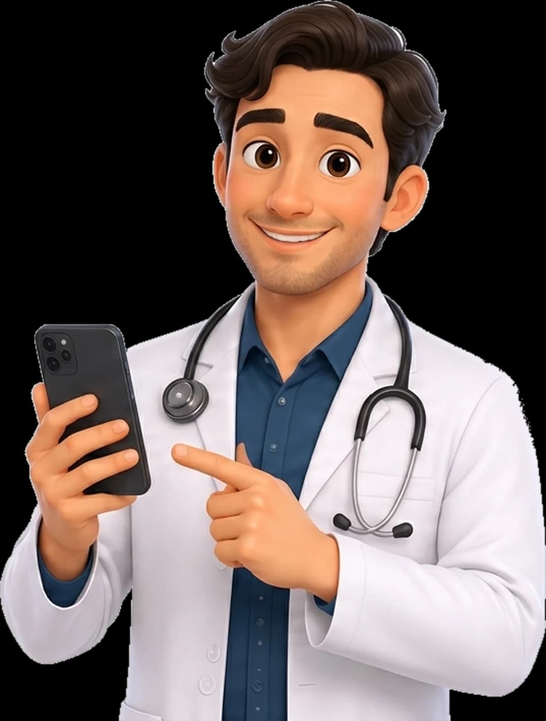 Ilustração do Dr. ThIAgo segurando um celular e apontando para a tela.