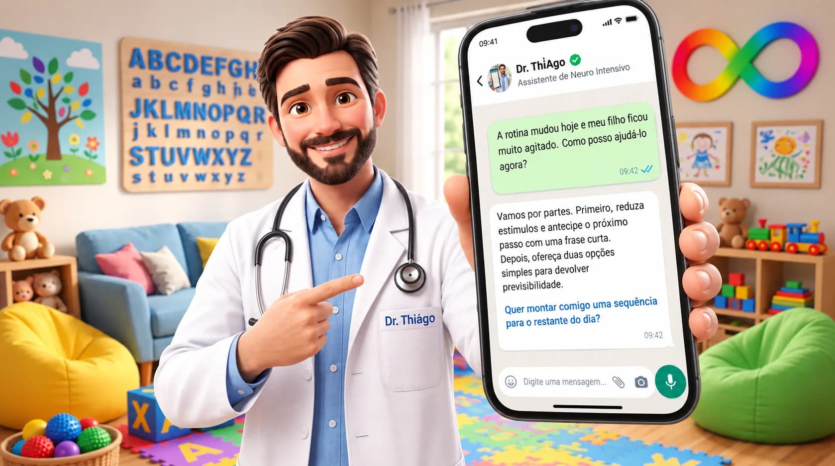 Ilustração do Dr. ThIAgo, assistente da Neuro Intensivo, em uma sala de atendimento infantil, mostrando uma conversa no WhatsApp.